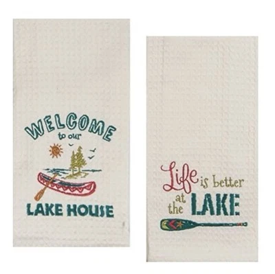 NEW Embroidered Kitchen Tea Towels SET of 2 Waffle Weave Lake House, Canoe - Image 1 of 4