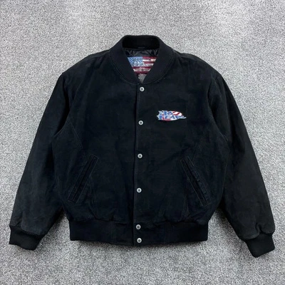 Chaqueta De Colección Y2K No Fear Gamuza Cuero Para Hombre Grande Negra Bombardero Botón Alas Foto 1 de 4