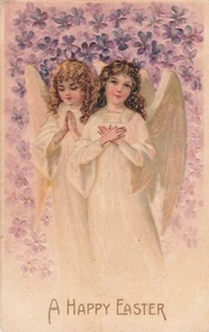 Christmas Angels Postcard Praying Angels in Blue and Gold with Tree  1908   F9 - Picture 1 of 2
