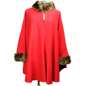 Parkhurst Fleece Cape Faux Fur Trim Animal Print Trim Button Close Red One Size - Picture 1 of 16