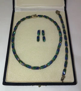 LOVELY MALACHITE AND LAPIS LAZULI  NECKLACE BRACELET & EARRINGS 925 SILVER NOS - Picture 1 of 15