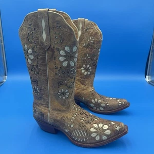 Johnny Ringo Women’s Floral Inlay Western Cowboy Boots Brown Leather Size 10 - Picture 1 of 13