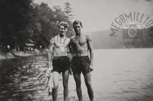 Vintage 1920's Photo of  Men Gay Friends shirtless Man Lake Day  Portrait  346 - Picture 1 of 2