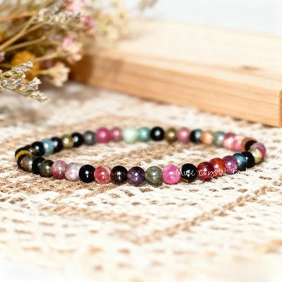 Pulsera de cristal de mujer Reiki curativa protección cuentas turmalina arco iris 4 mm Foto 1 de 3