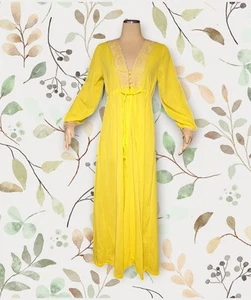 1960's BUTTERFIELD 8 Brilliant Yellow Nightgown Ivory LACE Trim 1/2 Zip Sz Large - Picture 1 of 17