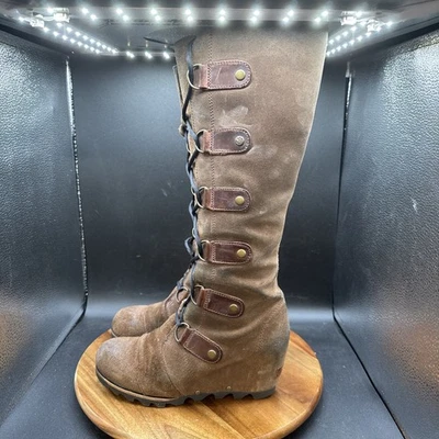Sorel Joan of Artic Womens Size 7 Tall Lace Wedge Boots Brown Suede Moccasins - Image 1 of 4