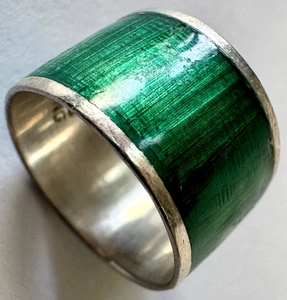 Vintage Modernist Sterling Silver Cigar Band Emerald Green Inlay Ring SIAM 4.5 - Picture 1 of 14