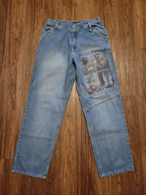 Jeans de Colección Marca Makaveli 2pac Para Hombres 34x34 Hip Hop Rap Sueltos Letras Gráficas  Foto 1 de 4