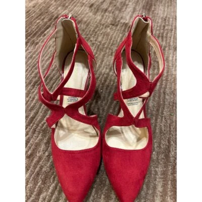 Elegant Red Suede Pointed-Toe Strappy Flats with Back Zip Detail - Image 1 of 4