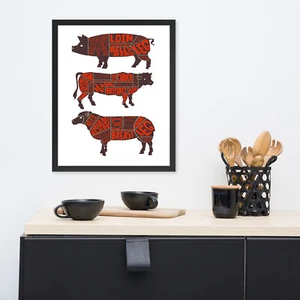 Meat Cut Poster,Pork Pig Beef Cow Lamb Chicken, Print Wall Art Kitchen Decor - Picture 1 of 7
