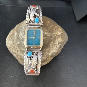 Mens Turquoise Coral Feather Navajo Sterling Silver Watch Tips Band 14312 - Picture 1 of 12