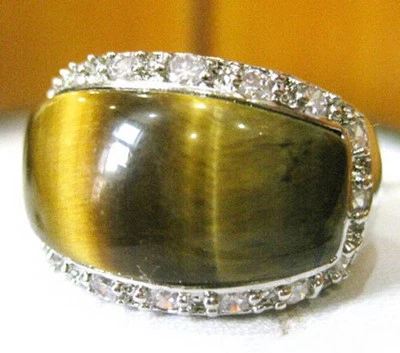 Anillo Cristal Ojo de Tigre Natural Real Ojo de Tigre Ojo de Tigre 18KWGP Tamaño: 8.9.10.11 Foto 1 de 4