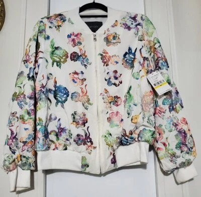 Chaqueta bomber mediana Karen Kane bordada. Diseño Floral Arco Iris Limonada Rosa Foto 1 de 4