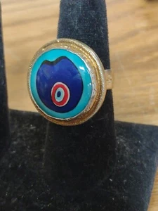 Abstract Glass EVIL EYE Sterling  Ring Marked TR Tulip Stamp Size 9 - Picture 1 of 4