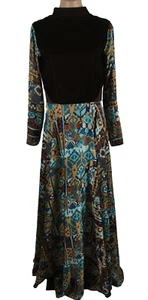 Vintage 70s Blue & Brown Ikat Maxi Dress 1970s M/L Mesh Cut-out Full Skirt - Picture 1 of 6
