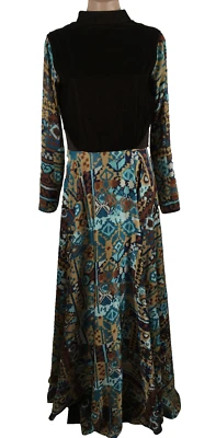 Maxi Vestido Falda Completa Vintage Años 70 Azul y Marrón Ikat Malla Recortada Años 70 M/L Foto 1 de 4