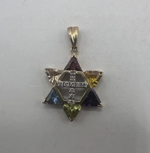 14k Yellow Gold Multicolor Gemstone and Diamond Star of David Pendant #7222 - Picture 1 of 14