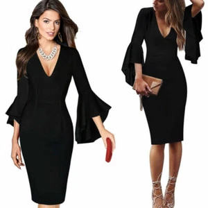 Sexy Black 💗V-neck Flare Bell Sleeve Bodycon Sheath Stretch Dress💗Sz M - Picture 1 of 11
