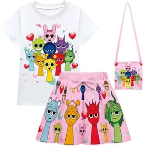 Sprunki Girl Skirt Set T-shirt Skirt Bag 3-Piece Set Suitable for 3-10 Years Old - Picture 1 of 26