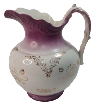 Jarra vintage de porcelana pintada a mano lirios de agua de oro púrpura 4018/14 K.T.&K. Foto 1 de 4