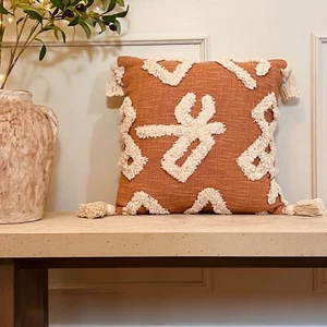 Boho Rust Throw Pillow Cover 18x18 Inch Tufted with Pompom - Picture 1 of 6