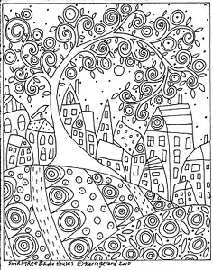 RUG HOOK PAPER PATTERN Swirl Tree Bird and Houses FOLK ART ABSTRACT Karla Gerard - Picture 1 of 3