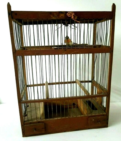 Antique Bird Cage Lightweight Brown Wood & Metal 15 1/2" tall Handmade Bird Cage Cover