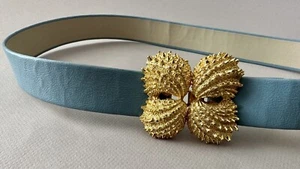 1974 Mimi Di N Light Blue Eco Leather 1 1/8 in. Belt Gold Sea Shells Buckle - Picture 1 of 8