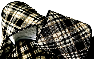 Argile Plaid 2.5" by 5 yd Wired Ribbon Black Off White Gold Metallic Christmas - Image 1 of 4