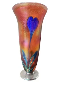 Large 11" Vase Iridescent Signed Robert Held Art Glass Blue Flower Glass - Picture 1 of 23