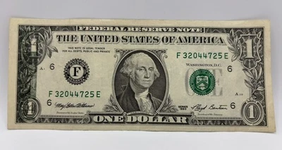 Billete de un dólar de la Reserva Federal 1993 error de compensación/de atrás al frente Foto 1 de 4