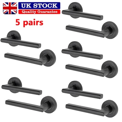 5 Pairs Door Handles Straight Lever on Rose Internal Door Handle Matt Black - Image 1 of 4