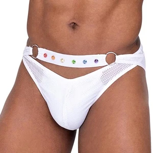 Regenbogen Nieten Badeslip Criss Cross Träger O Ringe Pride weiß 6340 Medium - Bild 1 von 5