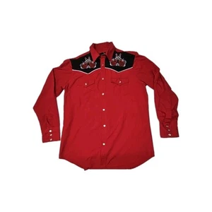 Vintage High Noon Western Pearl Snap Shirt Herren Medium bestickt rot Gitarren - Bild 1 von 4