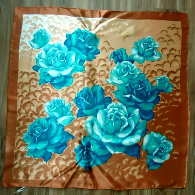 罕见 CURACAO 新阿姆斯特丹商店女式蓝色棕色丝绸围巾手卷 — 第 1/4 张图片