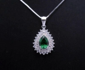 Double Halo Teardrop Emerald Necklace - 18kgp @ Sterling Silver - 1.2 CT Pear - Picture 1 of 8