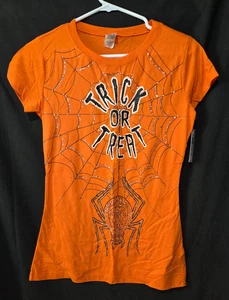 Juniors Small Halloween Graphic T-Shirt Orange Black Glitter Spider & Web - Picture 1 of 3