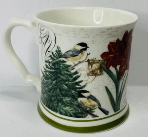 Grace Teaware Winter Cheer Bird Fine Coffee Tea Mug Chickadees Amaryllis Flowers - Bild 1 von 8