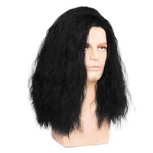 Mens Long Curly Black Wig Side Part Fuffy 80s Rocker Wig Synthetic Hair Hallo... - Picture 1 of 3