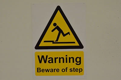 WARNING BEWARE OF STEP A5 sign or sticker steep stairs fall trip hazard caution