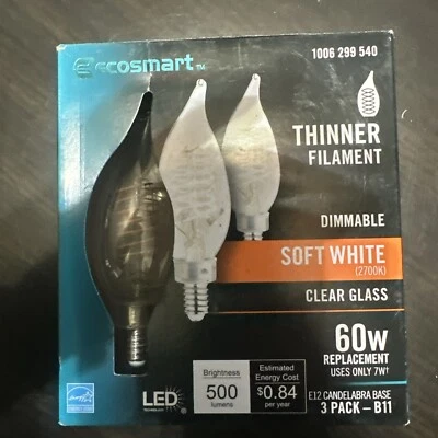 Ecosmart E12 Candelabra Bendy Filament LED Vintage Edison Light Bulb 3 Pack B11 - Image 1 of 4
