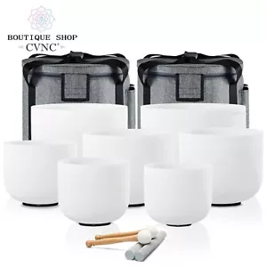 CVNC 432HZ 6-12" White Set Frosted Chakra Crystal Singing Bowl Sound Heal Cases - Picture 1 of 13