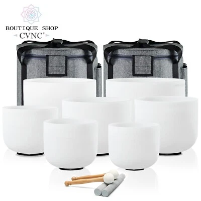 CVNC 432HZ 6-12" White Set Frosted Chakra Crystal Singing Bowl Sound Heal Cases - Image 1 of 4