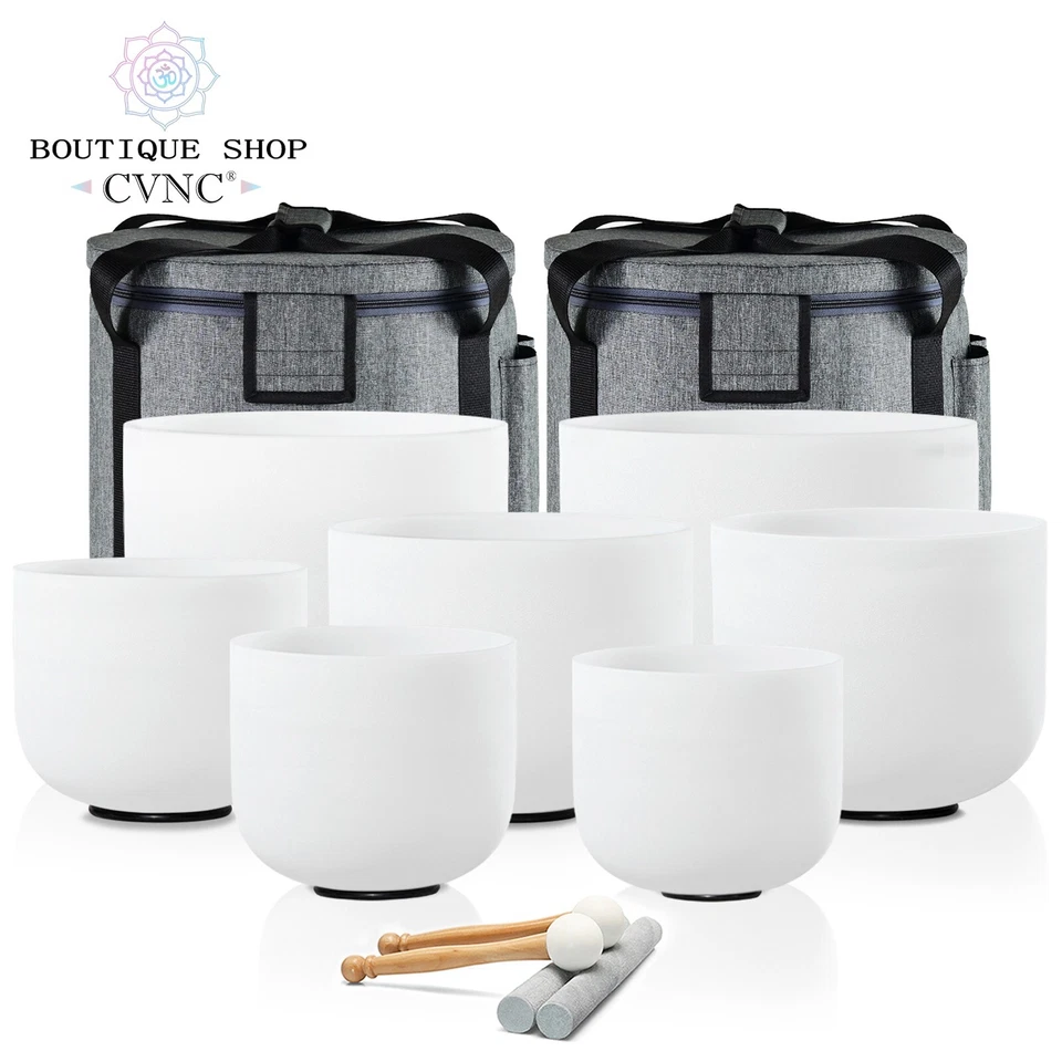 CVNC 432HZ 6-12" White Set Frosted Chakra Crystal Singing Bowl Sound Heal Cases