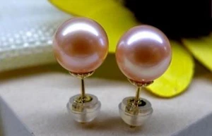 Riesiger AAA+ 11-12mm echter natürlicher Südsee rosa runder Perlenohrring 18k Gold - Bild 1 von 4