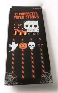 12 Character Paper Straws. Ghost, Pumpkin, Skeleton, Cat. M&S Amscan - Picture 1 of 2