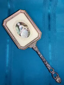 RARO Antiguo Espejo de Mano Victoriano Años 1890 Metal y Madera Obra de Arte Dama/Perro De Colección - Imagen 1 de 19