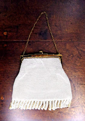 Vintage Whiting & Davis Fringe White Enamel Bead Mesh Handbag, Art Deco Purse - Image 1 of 4