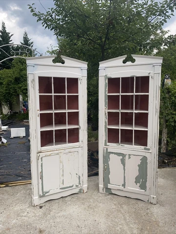 2 Rare  Antique Corner Cabinets 12 Pane Divided Glass Door And Door On Bottom Cover