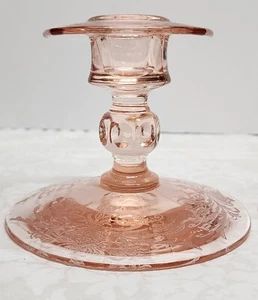 Vintage Pink Depression Etched Glass Pair of Candlesticks  - Picture 1 of 6